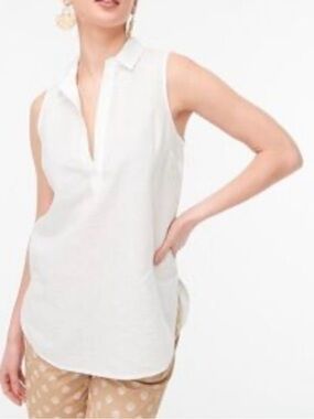 J.Crew White Sleeveless V-neck Top Linen Blouse (SKU690)